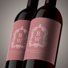 Etiqueta Para Botella De Vino Nombres de cresta de monograma vintage Rosa polvor