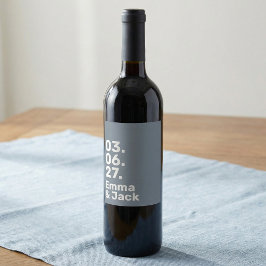 Etiqueta Para Botella De Vino Nombres y fecha de boda modernos minimalistas gris