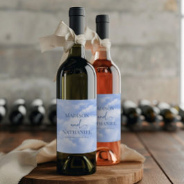 Etiqueta Para Botella De Vino Nubes de espuma blanca azul ensueño elegante matri