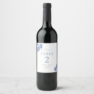 Etiqueta Para Botella De Vino Número de tabla de bienvenida de Boda azul y blanc