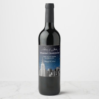 Etiqueta Para Botella De Vino NYC Skyline Etched #2 Starry Blue Gradient BG