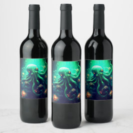 Etiqueta Para Botella De Vino Octopus Náutico Mítico bajo las criaturas del mar