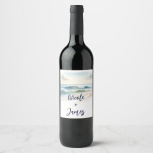 Etiqueta Para Botella De Vino Olas de playa en acuarela para boda rústica coster