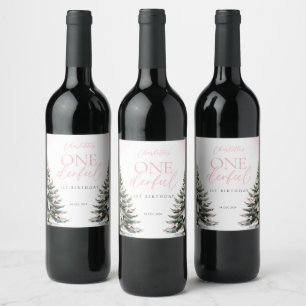 Etiqueta Para Botella De Vino Onederland Cumpleaños 1 año lazo rosa de invierno
