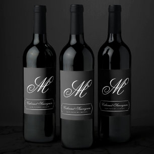 Etiqueta Para Botella De Vino Onyx Black Velvet   Monograma Grunge de pizarra