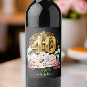 Etiqueta Para Botella De Vino Orgullo rosa Floral Bouquet Oro 40 Aniversario Bod