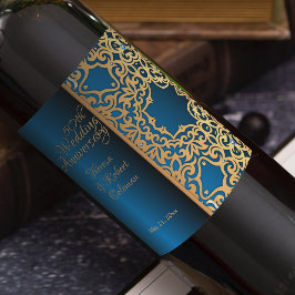 Etiqueta Para Botella De Vino Ornate Vintage Gold Y Blue Jewed Aniversario
