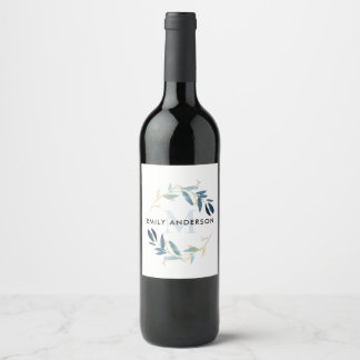 ETIQUETA PARA BOTELLA DE VINO ORO AQUA AZUL FOLIAGE WATERCOLOR DE AGUA MONOGRAMA
