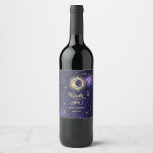 Etiqueta Para Botella De Vino Oro Celestial Sol,Luna,Estrellas Púrpura