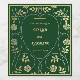 Etiqueta Para Botella De Vino Oro medieval Floral Corazones y Boda de espadas