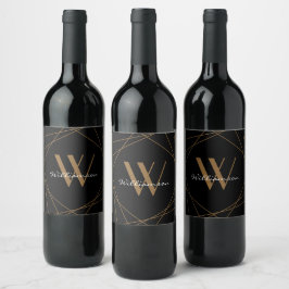 Etiqueta Para Botella De Vino Oro Negro Moderno Monograma Nombre Script Geométri