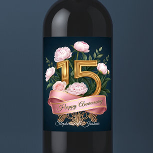 Etiqueta Para Botella De Vino Oro número 15° aniversario de Boda de los Peonies 