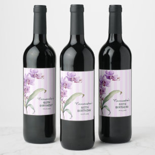 Etiqueta Para Botella De Vino Orquídea Púrpura Moderna Tiras Floral 60 cumpleaño