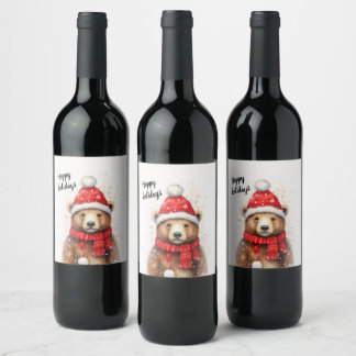 Etiqueta Para Botella De Vino Oso de invierno en un acogedor Gorra rojo