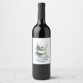 Etiqueta Para Botella De Vino Oso Polar Adorable Abrazando árbol de Navidad, lin