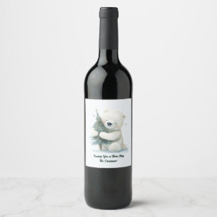 Etiqueta Para Botella De Vino Oso Polar Adorable Abrazando árbol de Navidad, lin