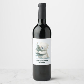 Etiqueta Para Botella De Vino Oso Polar Adorable Abrazando árbol de Navidad, lin