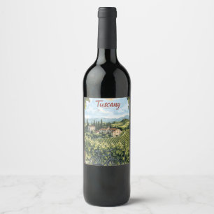 Etiqueta Para Botella De Vino Paisaje toscano con viñedos y bicicleta