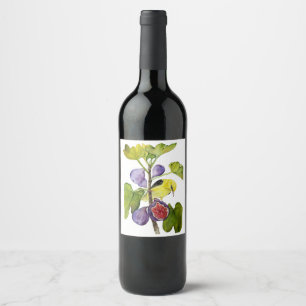 Etiqueta Para Botella De Vino Pájaro Amarillo Vibrante con Higos Morados Acuarel