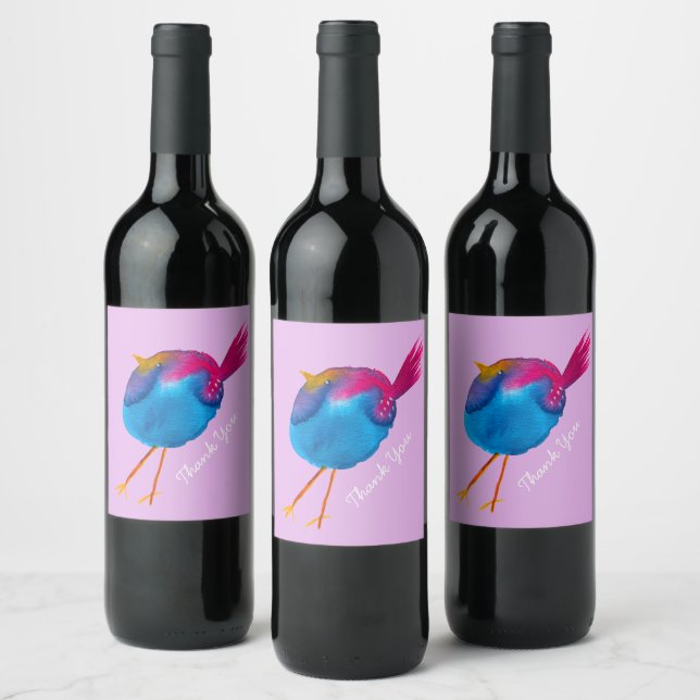Etiqueta Para Botella De Vino Pájaro rosa y azul (Botellas)