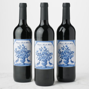 Etiqueta Para Botella De Vino Pájaros azules Delft elegancia floral campestre fr