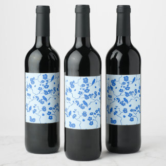 Etiqueta Para Botella De Vino Pájaros en Flor de Cerezo Azul sobre Azul