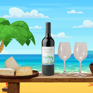 Etiqueta Para Botella De Vino Palm Tree y Beach Wedding Wine Labels