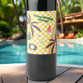 Etiqueta Para Botella De Vino Palm Trees Surfboard Checkered Summer Fiesta