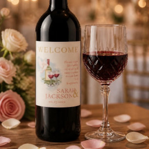 Etiqueta Para Botella De Vino Palomas Románticas Bodas Coral (Rojo)