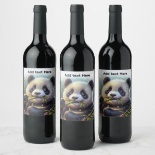 Etiqueta Para Botella De Vino Panda Adorable Oso Comer Bambú Personalizado Texto