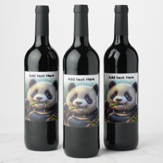 Etiqueta Para Botella De Vino Panda Adorable Oso Comer Bambú Personalizado Texto