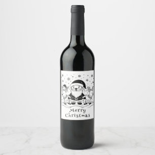 Etiqueta Para Botella De Vino Papá Noel negro y blanco con renos