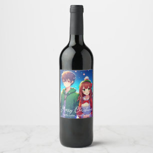 Etiqueta Para Botella De Vino Pareja de Anime Adorable   Feliz Navidad 
