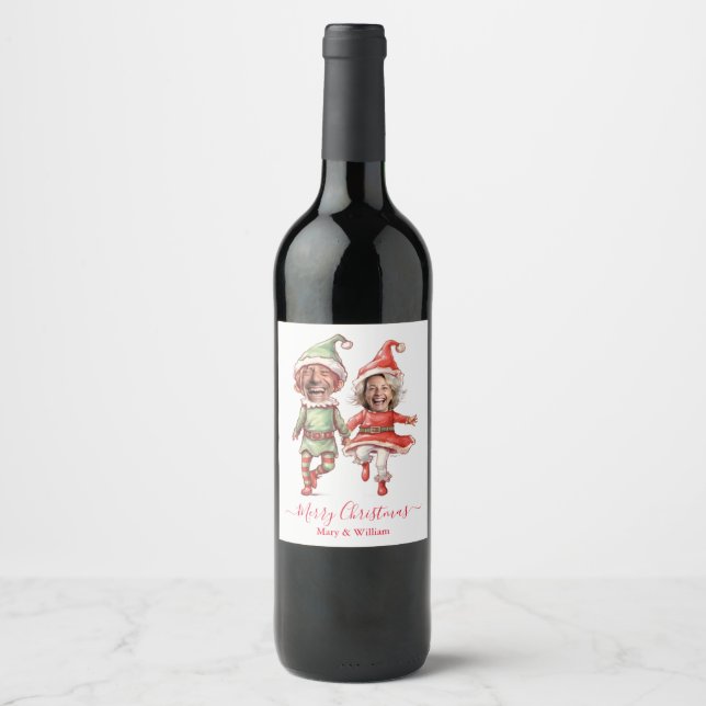 Etiqueta Para Botella De Vino Pareja de elfos de Navidad (Anverso)