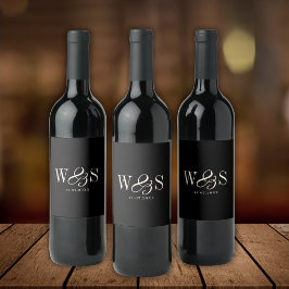 Etiqueta Para Botella De Vino Parejas de novios con inicial negra elegante