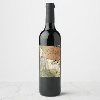 Etiqueta Para Botella De Vino París Francia Collage de arte antiguo Eiffel Franc