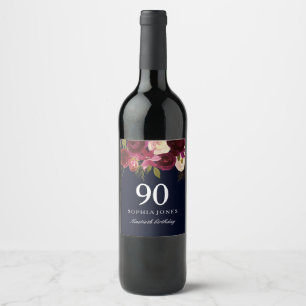 Etiqueta Para Botella De Vino Partido de cumpleaños 90 de la Marina Floral Roja 