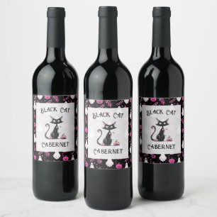 Etiqueta Para Botella De Vino Partido de Halloween Blanco Blanco Negro y Rosa