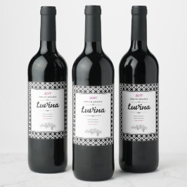 Etiqueta Para Botella De Vino Patrón Arabesco Simétrico en Blanco y Negro Intens