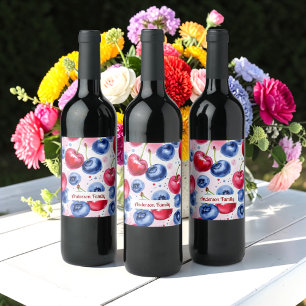 Etiqueta Para Botella De Vino Patrón de Acuarela de Frutas de Cereza Roja Azul
