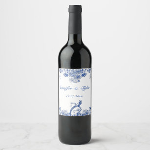 Etiqueta Para Botella De Vino Patrón de China floral azul y blanca con pájaro