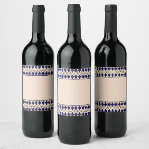 Etiqueta Para Botella De Vino Patrón de diamantes geométricos en azul marino y b