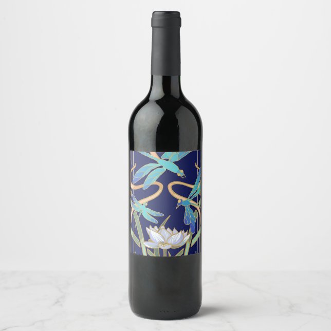 Etiqueta Para Botella De Vino Patrón de Dragonflies Art Nouveau (Anverso)