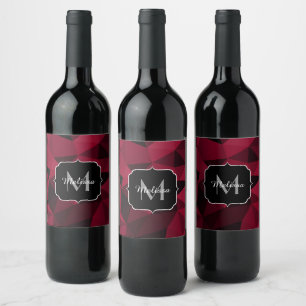 Etiqueta Para Botella De Vino Patrón de geometría magenta rosa rojo negro Monogr