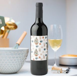 Etiqueta Para Botella De Vino Patrón de Navidades coloridos de moda   Acuarela