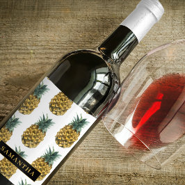 Etiqueta Para Botella De Vino Patrón de piña de color de agua tropical con nombr