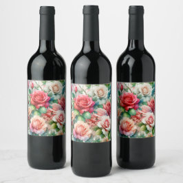 Etiqueta Para Botella De Vino Patrón de Rosa Caprichoso