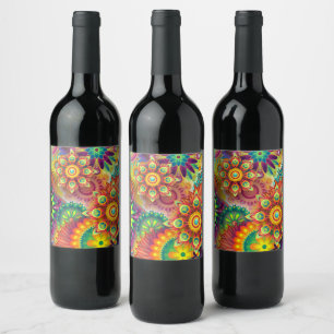 Etiqueta Para Botella De Vino Patrón floral psicodélico