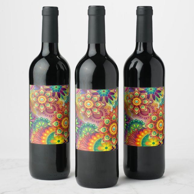 Etiqueta Para Botella De Vino Patrón floral psicodélico (Botellas)