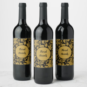 Etiqueta Para Botella De Vino Patrón negro de flores de oro antiguo indio lacado